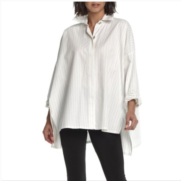 PLANET by Lauren G. Cotton E-Z Shirt Button Down White Vertical Stripes One Size - Picture 1 of 14